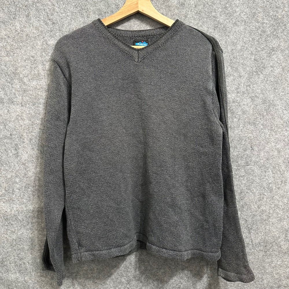 Kavu V-Neck Sweater Mens L‎ Gray Cotton Knit Outdoor Casual Pullover Long Sleeve